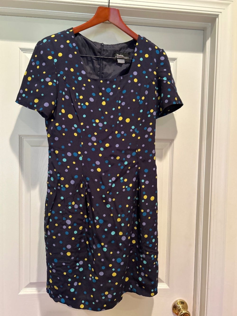 John Roberts Polka Dot Navy dress size 10 Rayon lined Square neck Short Sleeve
